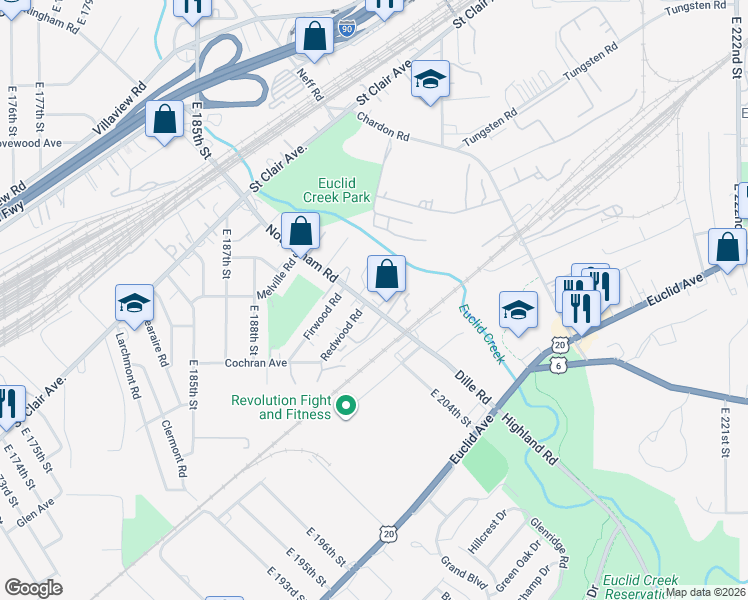 map of restaurants, bars, coffee shops, grocery stores, and more near 19411 Nottingham Road in Cleveland