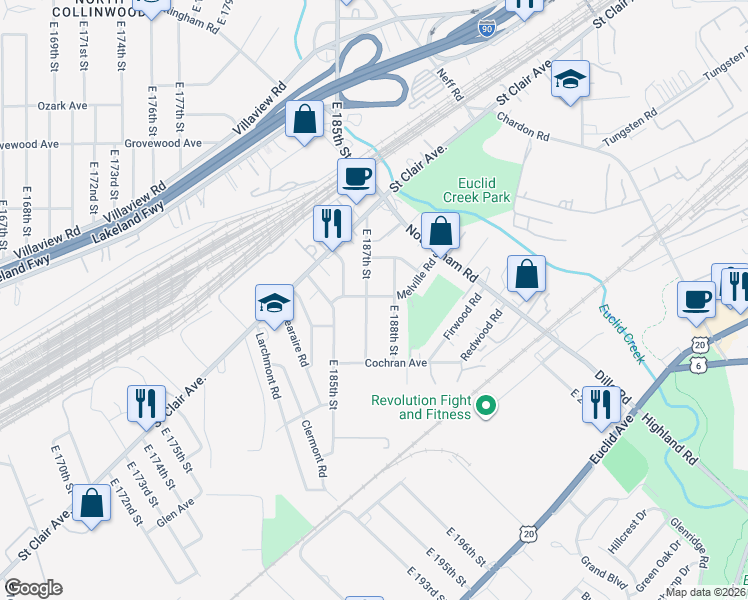 map of restaurants, bars, coffee shops, grocery stores, and more near 1320 East 187th Street in Cleveland