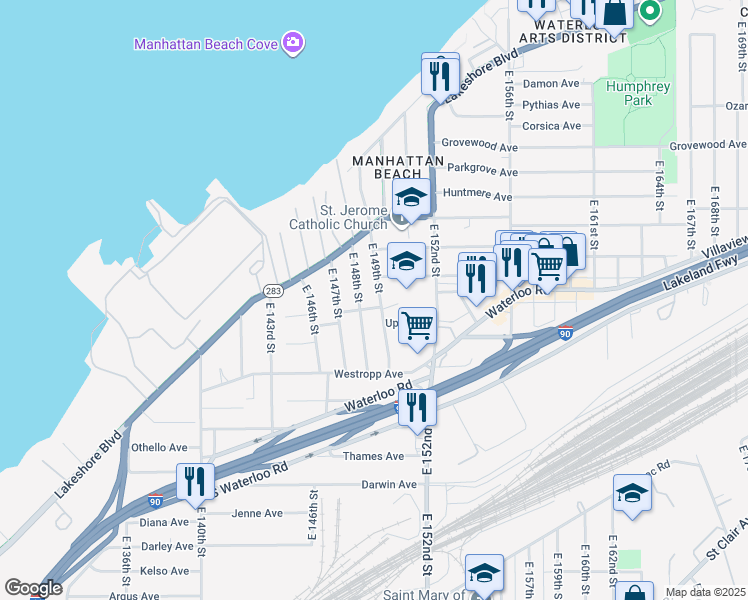 map of restaurants, bars, coffee shops, grocery stores, and more near 432 East 149th Street in Cleveland