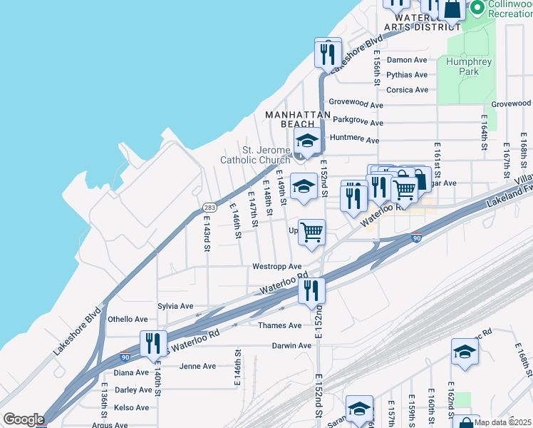 map of restaurants, bars, coffee shops, grocery stores, and more near 423 East 147th Street in Cleveland