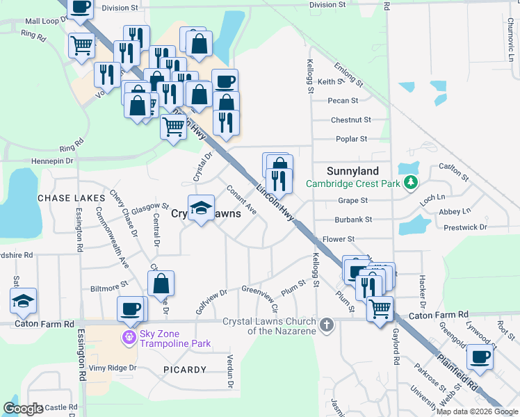 map of restaurants, bars, coffee shops, grocery stores, and more near 2540 Plainfield Road in Crest Hill