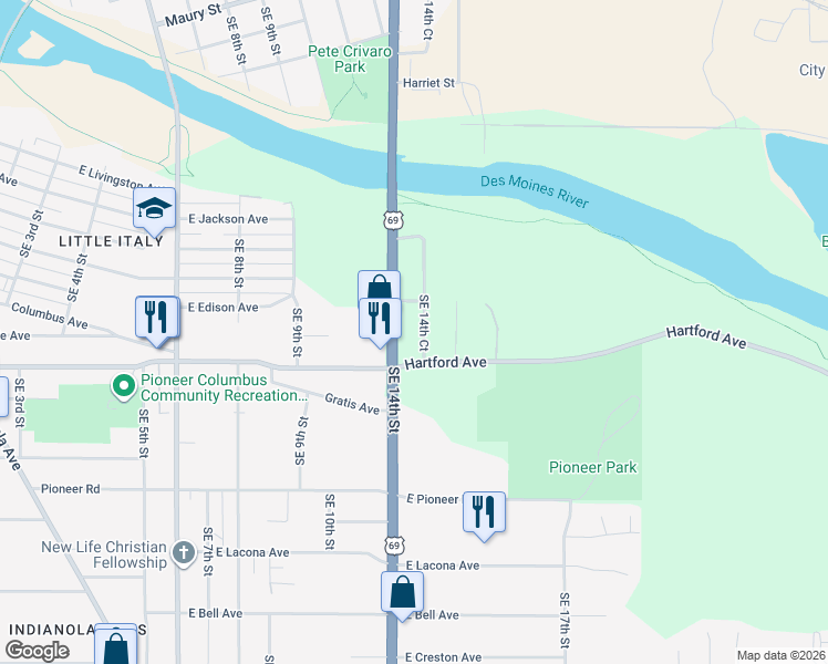map of restaurants, bars, coffee shops, grocery stores, and more near 1923 Southeast 14th Street in Des Moines