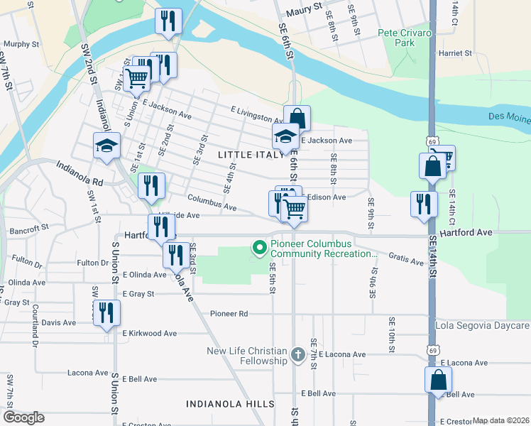 map of restaurants, bars, coffee shops, grocery stores, and more near 438 Columbus Avenue in Des Moines