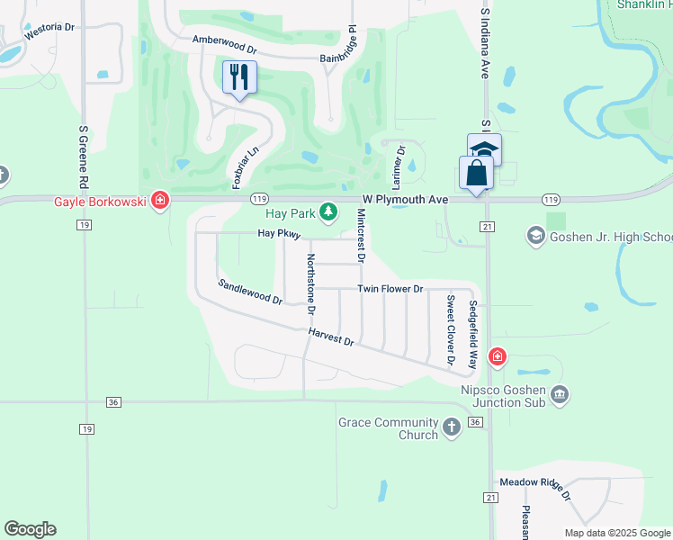 map of restaurants, bars, coffee shops, grocery stores, and more near 1426 Timothy Dr in Goshen