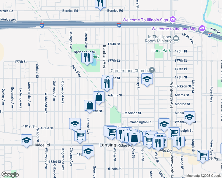 map of restaurants, bars, coffee shops, grocery stores, and more near 17832 Walter Street in Lansing