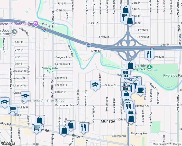 map of restaurants, bars, coffee shops, grocery stores, and more near 505-509 River Drive North in Munster