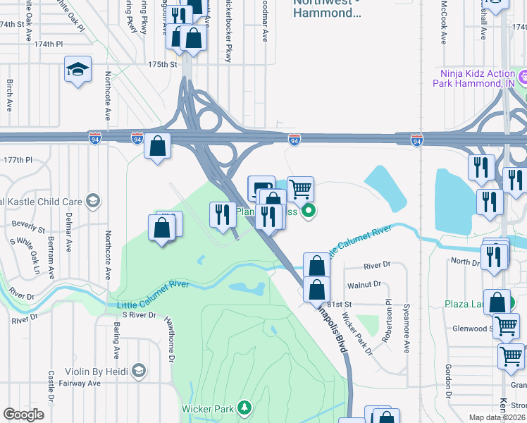 map of restaurants, bars, coffee shops, grocery stores, and more near 7843 Indianapolis Boulevard in Hammond