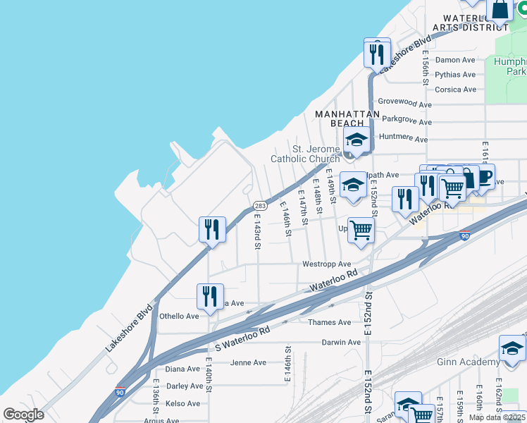 map of restaurants, bars, coffee shops, grocery stores, and more near 14308 Lakeshore Boulevard in Cleveland