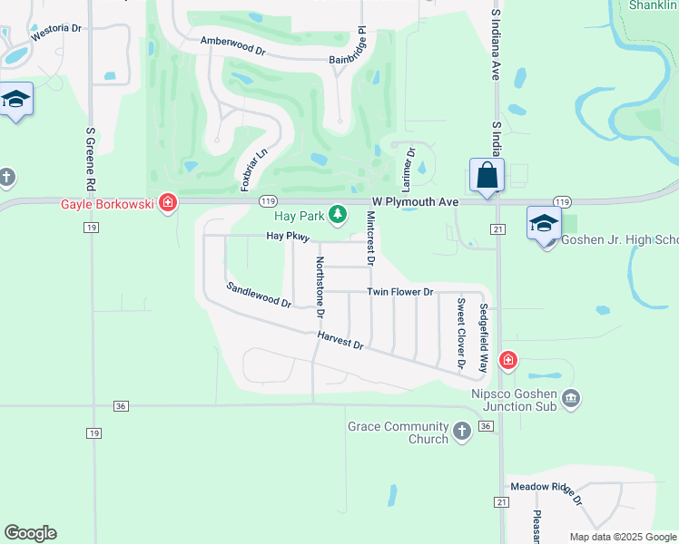 map of restaurants, bars, coffee shops, grocery stores, and more near 1426 Timothy Drive in Goshen