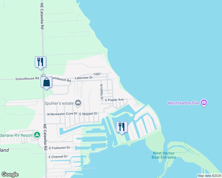 map of restaurants, bars, coffee shops, grocery stores, and more near 3202 North Carolina Street in Port Clinton