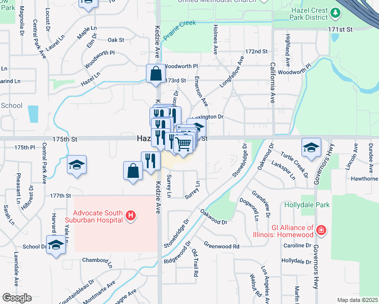 map of restaurants, bars, coffee shops, grocery stores, and more near 17505 Kedzie Avenue in Hazel Crest