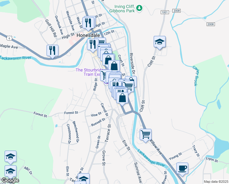 map of restaurants, bars, coffee shops, grocery stores, and more near 618 Main St in Honesdale