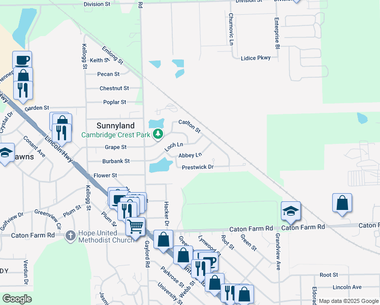 map of restaurants, bars, coffee shops, grocery stores, and more near 21444 Abbey Lane in Crest Hill