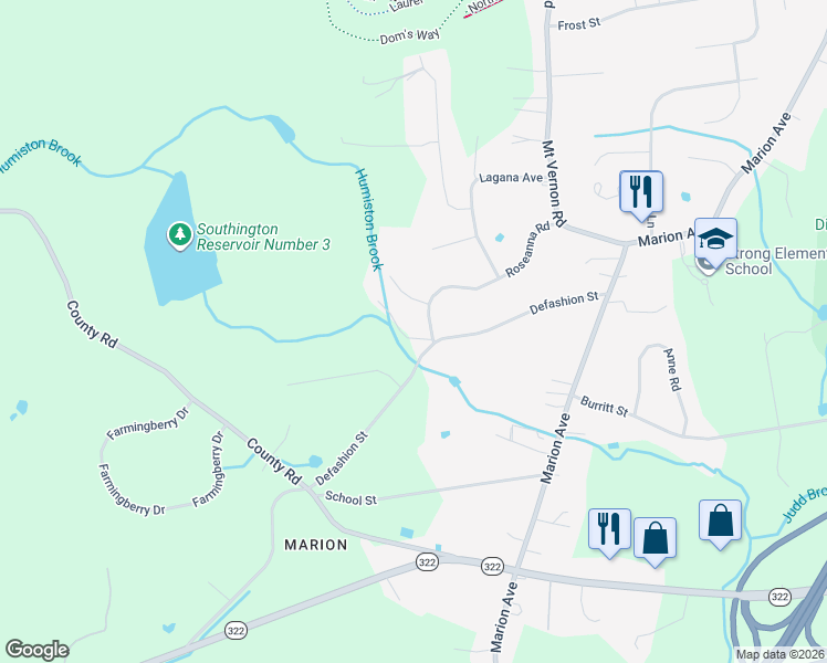 map of restaurants, bars, coffee shops, grocery stores, and more near 195 Roseanna Road in Southington