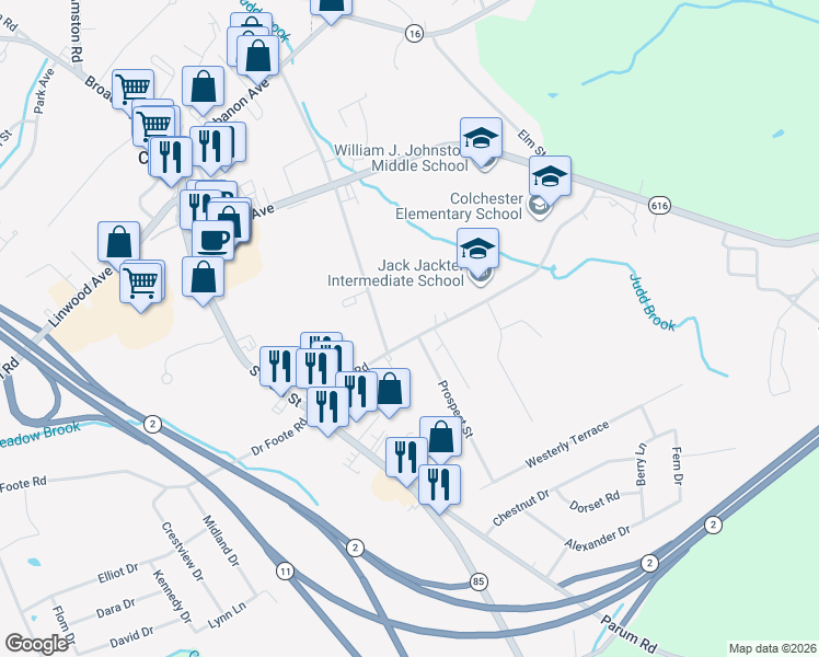 map of restaurants, bars, coffee shops, grocery stores, and more near 163 Pleasant Street in Colchester