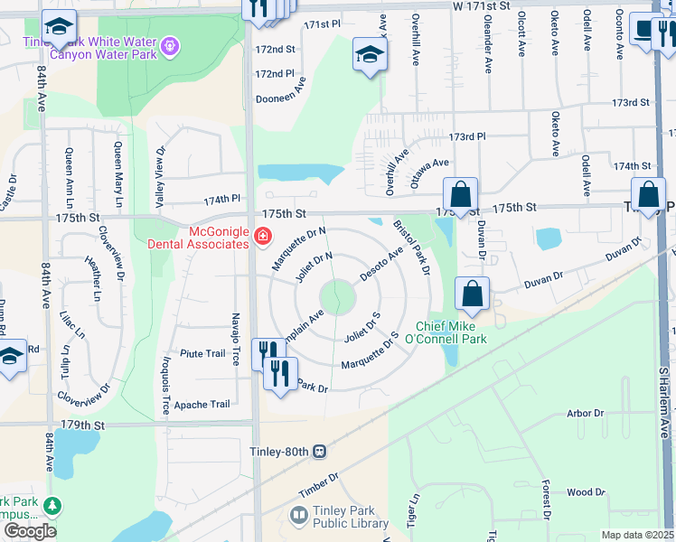 map of restaurants, bars, coffee shops, grocery stores, and more near 7812 Park Central Drive South in Tinley Park