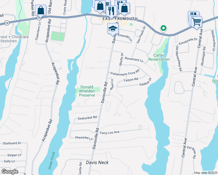 map of restaurants, bars, coffee shops, grocery stores, and more near 140 Davisville Road in Falmouth