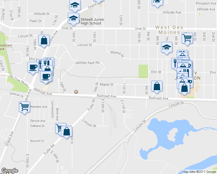 map of restaurants, bars, coffee shops, grocery stores, and more near 1214 Maple Street in West Des Moines