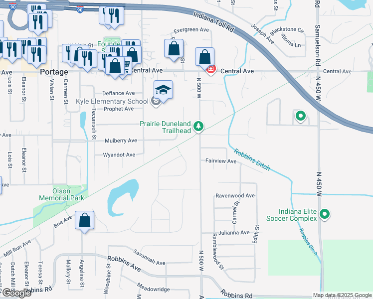 map of restaurants, bars, coffee shops, grocery stores, and more near Prairie Duneland Trail in Portage