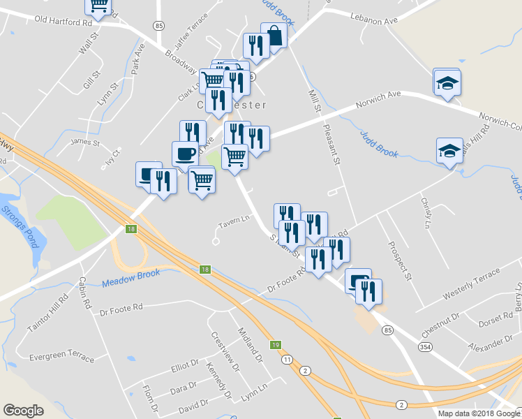 map of restaurants, bars, coffee shops, grocery stores, and more near 195 South Main Street in Colchester