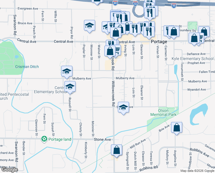 map of restaurants, bars, coffee shops, grocery stores, and more near 5957 Mulberry Avenue in Portage