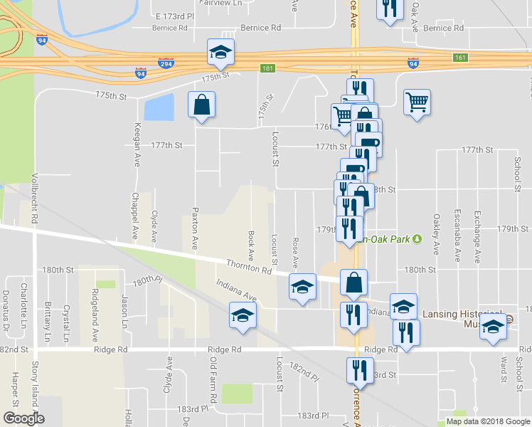 map of restaurants, bars, coffee shops, grocery stores, and more near 17842 Locust Street in Lansing
