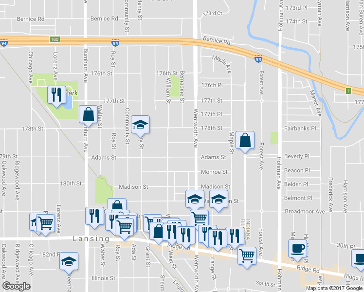 map of restaurants, bars, coffee shops, grocery stores, and more near 3531 Jackson Street in Lansing