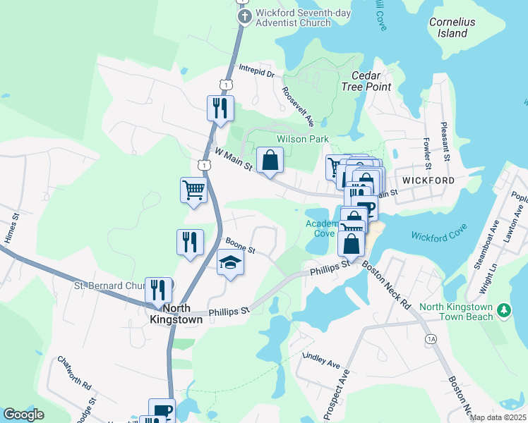 map of restaurants, bars, coffee shops, grocery stores, and more near 7 Thomas Street in North Kingstown