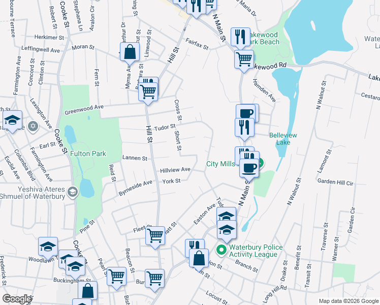 map of restaurants, bars, coffee shops, grocery stores, and more near 111 Toros Avenue in Waterbury