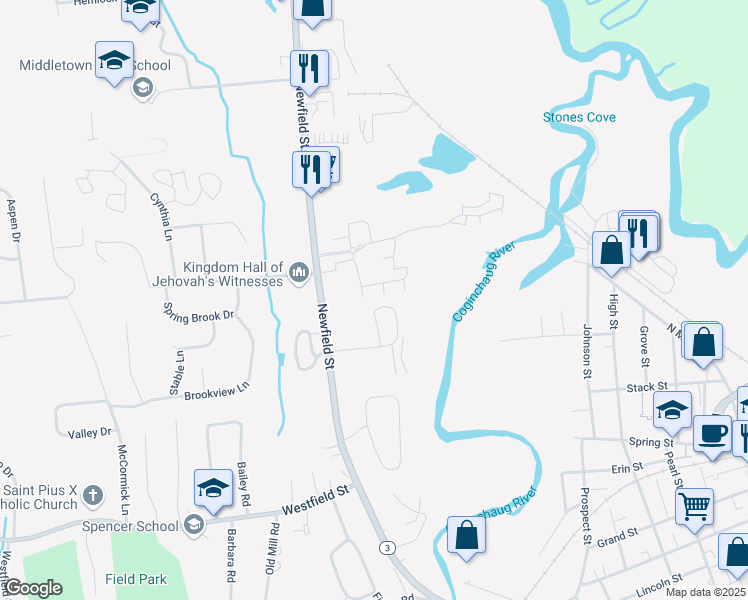 map of restaurants, bars, coffee shops, grocery stores, and more near 129 Stoneycrest Drive in Middletown