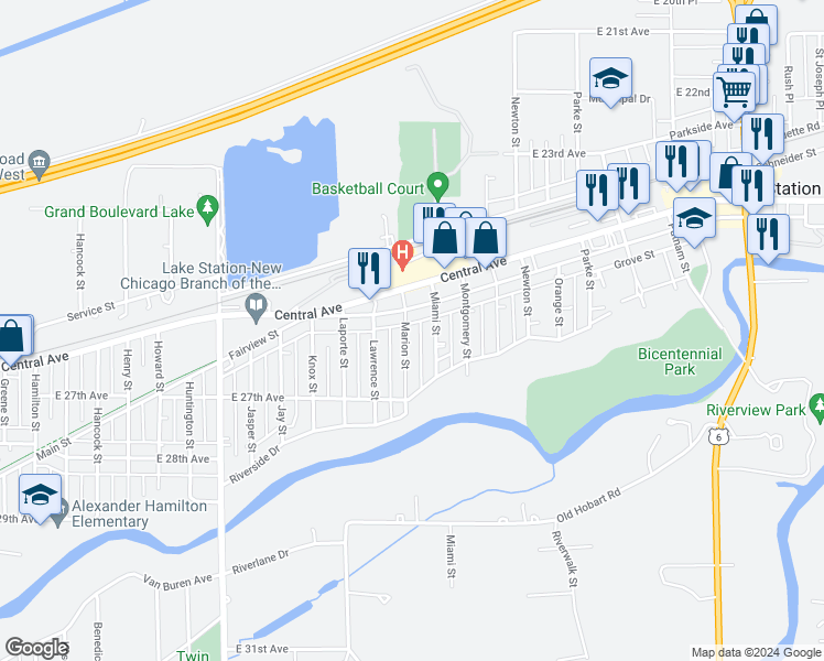 map of restaurants, bars, coffee shops, grocery stores, and more near 2593 Marion Street in Lake Station