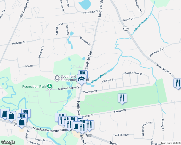 map of restaurants, bars, coffee shops, grocery stores, and more near 24 Pond Mill Road in Southington