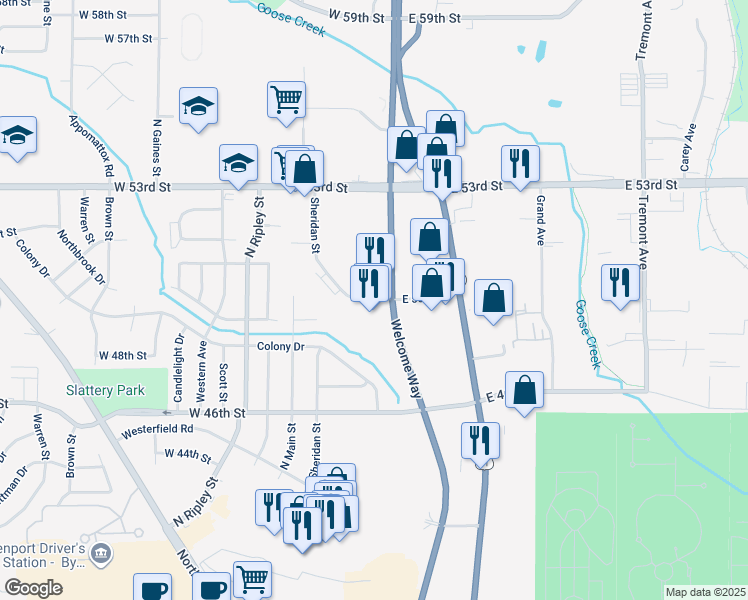 map of restaurants, bars, coffee shops, grocery stores, and more near 5002 Welcome Way in Davenport