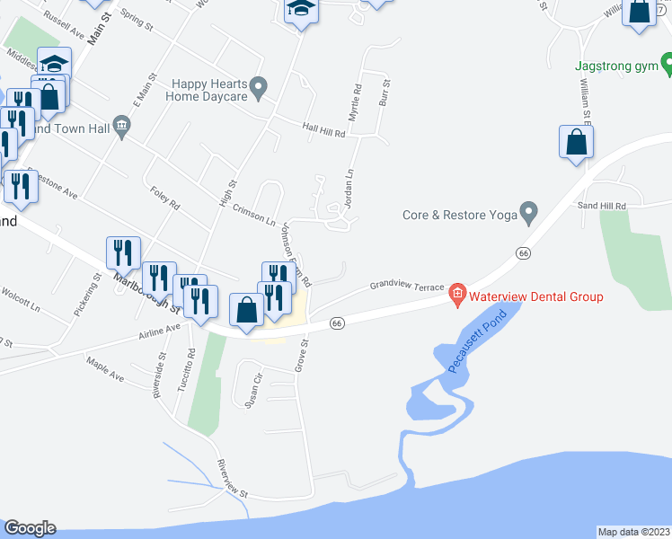 map of restaurants, bars, coffee shops, grocery stores, and more near 1 Brush Pasture Lane in Portland
