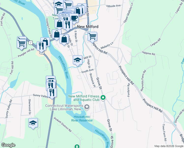 map of restaurants, bars, coffee shops, grocery stores, and more near 4 Bostwick Place in New Milford
