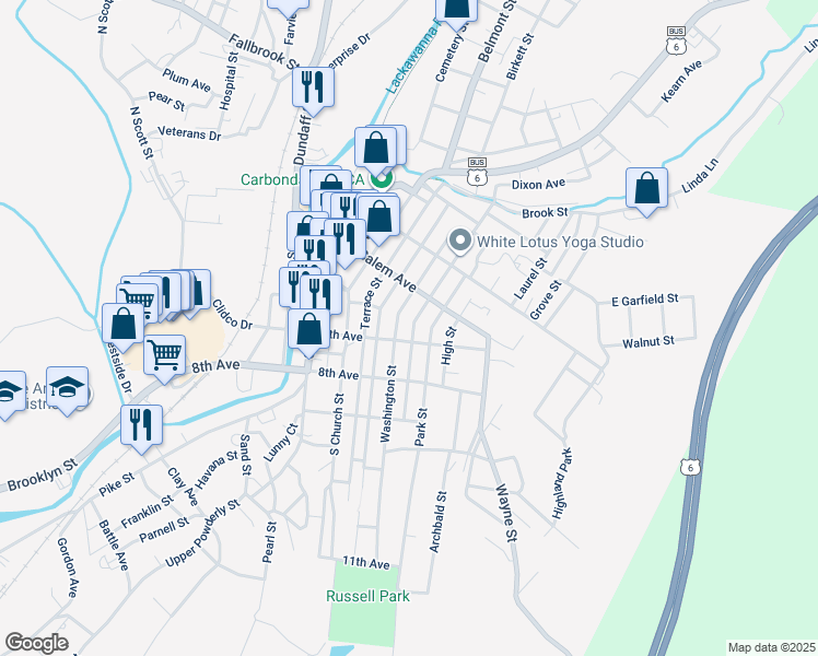 map of restaurants, bars, coffee shops, grocery stores, and more near 76 Washington Street in Carbondale