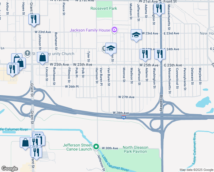 map of restaurants, bars, coffee shops, grocery stores, and more near 2620 Van Buren Street in Gary