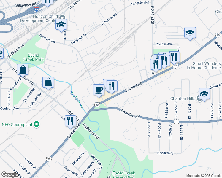 map of restaurants, bars, coffee shops, grocery stores, and more near 1540 East 212th Street in Euclid