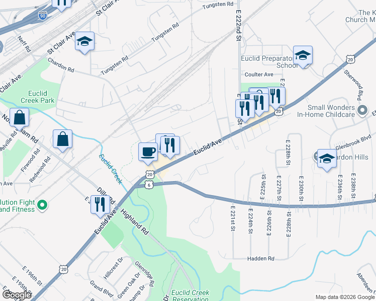 map of restaurants, bars, coffee shops, grocery stores, and more near 21377 Euclid Avenue in Euclid