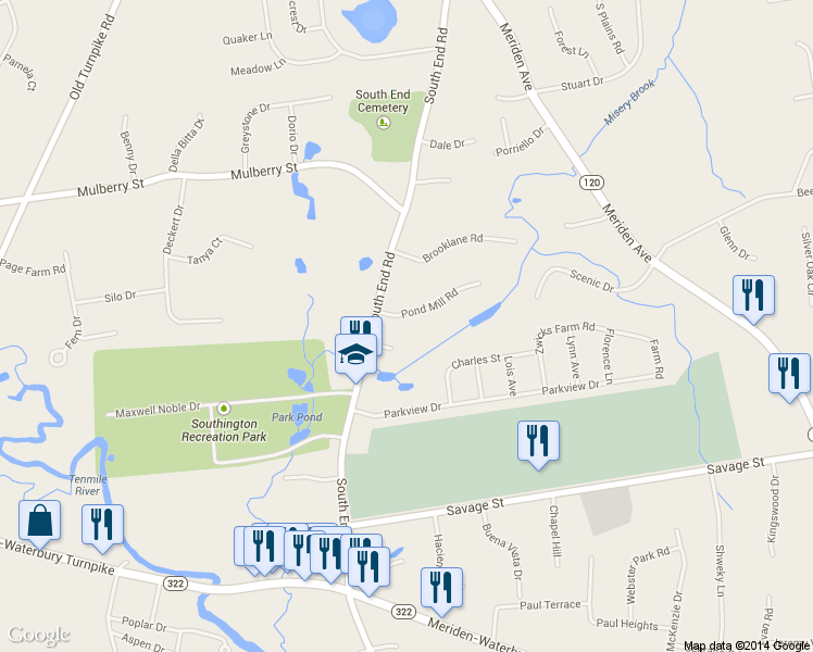 map of restaurants, bars, coffee shops, grocery stores, and more near 24 Pond Mill Road in Southington