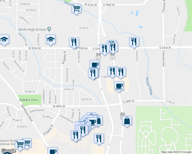 map of restaurants, bars, coffee shops, grocery stores, and more near West 50th Street in Davenport