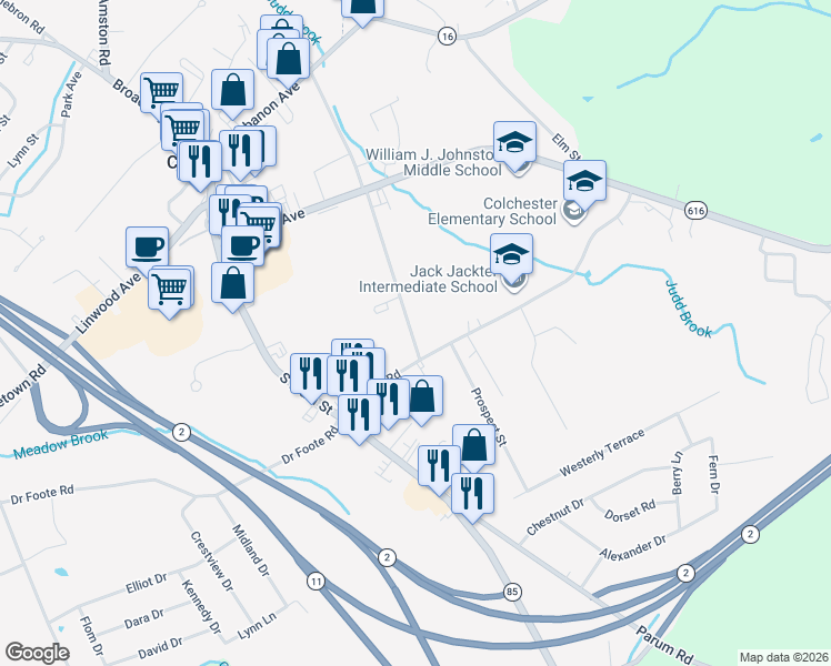 map of restaurants, bars, coffee shops, grocery stores, and more near 163 Pleasant St in Colchester