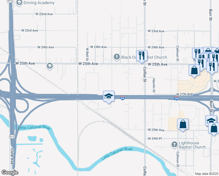 map of restaurants, bars, coffee shops, grocery stores, and more near 2630 South Fairbanks Street in Gary