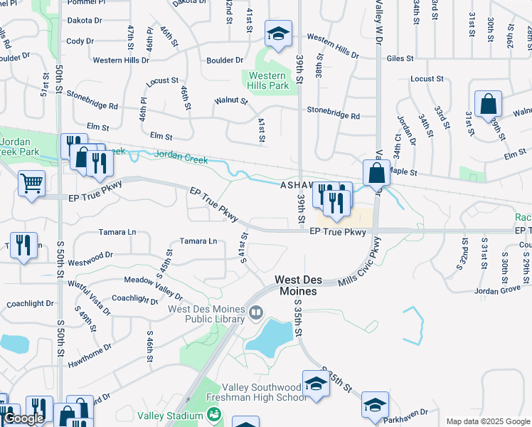 map of restaurants, bars, coffee shops, grocery stores, and more near 3901 E. P. True Parkway in West Des Moines