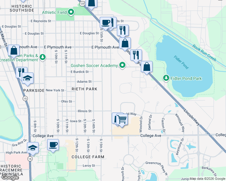 map of restaurants, bars, coffee shops, grocery stores, and more near 1208 South 16th Street in Goshen