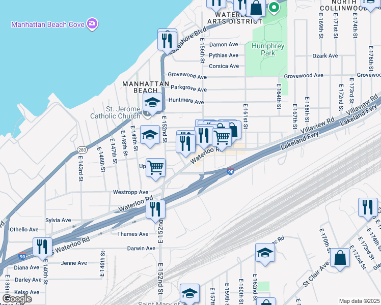 map of restaurants, bars, coffee shops, grocery stores, and more near 15404 Shiloh Road in Cleveland