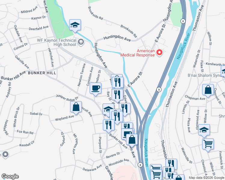 map of restaurants, bars, coffee shops, grocery stores, and more near 735 Watertown Avenue in Waterbury