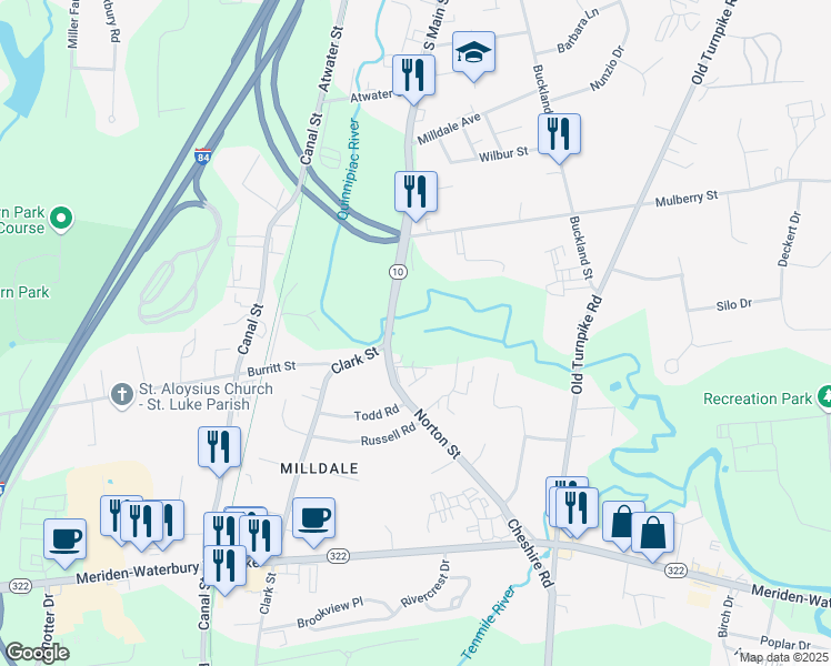 map of restaurants, bars, coffee shops, grocery stores, and more near 1331 South Main Street in Meriden