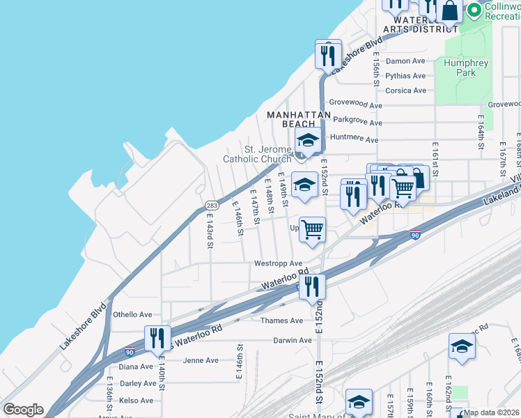 map of restaurants, bars, coffee shops, grocery stores, and more near 423 East 147th Street in Cleveland