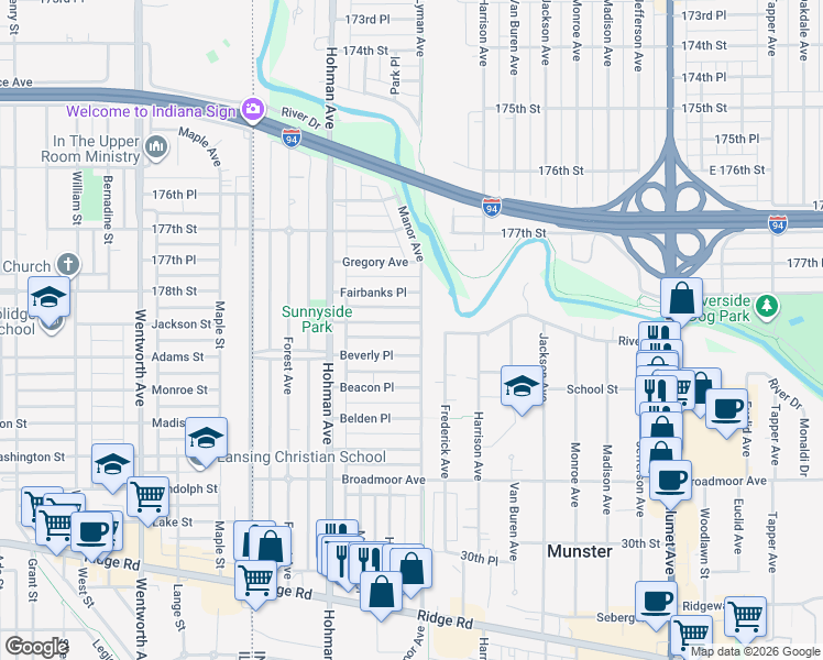 map of restaurants, bars, coffee shops, grocery stores, and more near 320 Sunnyside Avenue in Munster